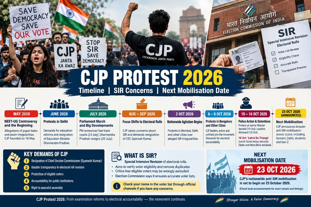 CJP Protest 2026: Timeline of demonstrations, electoral roll revision concerns and the next announced mobilisation.